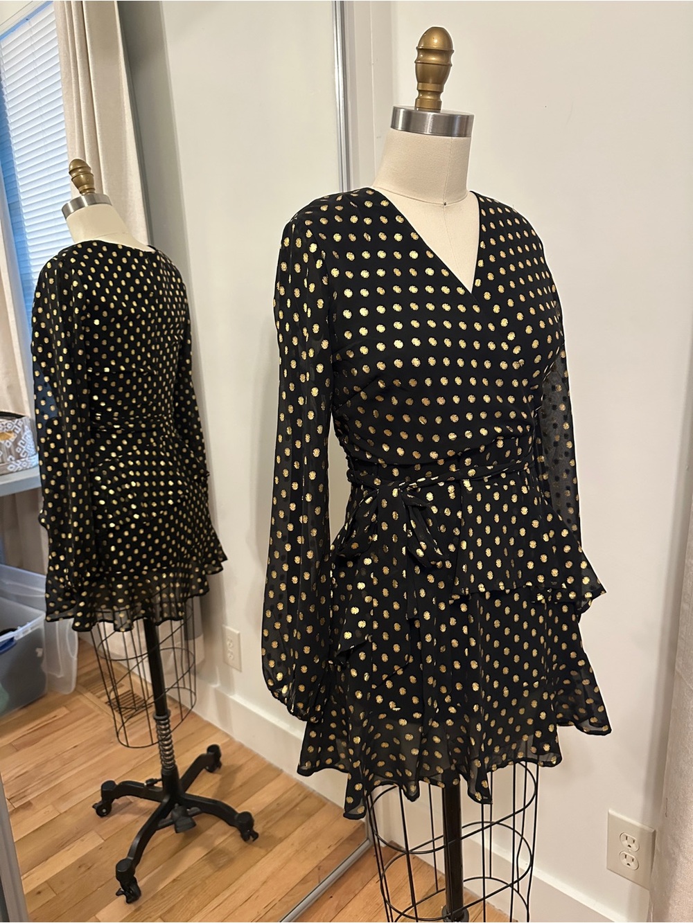 Black Long-Sleeve Wrap Dress with Gold Polka Dots
